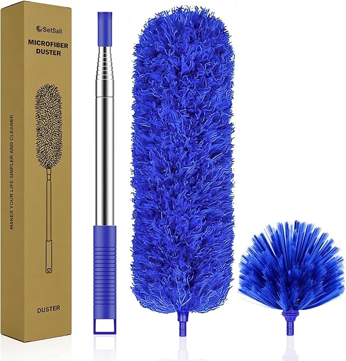 SetSail Dusters for Cleaning, 100-inch Extra-Long Cobweb Duster with Extension Pole, Bendable Microfiber Head & Cobweb Brush Washable Ceiling Fan Cleaner Duster Kit, Blue