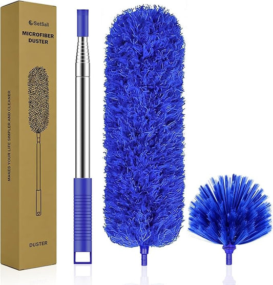 SetSail Dusters for Cleaning, 100-inch Extra-Long Cobweb Duster with Extension Pole, Bendable Microfiber Head & Cobweb Brush Washable Ceiling Fan Cleaner Duster Kit, Blue