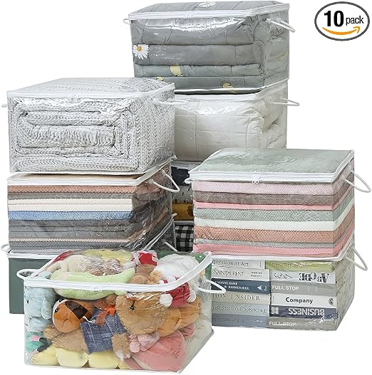 10 PCS Clear Zippered Storage Bags with Handle, Sweater Storage with Zipper, Foldable Closet Organizer Bed Sheet Organiz
