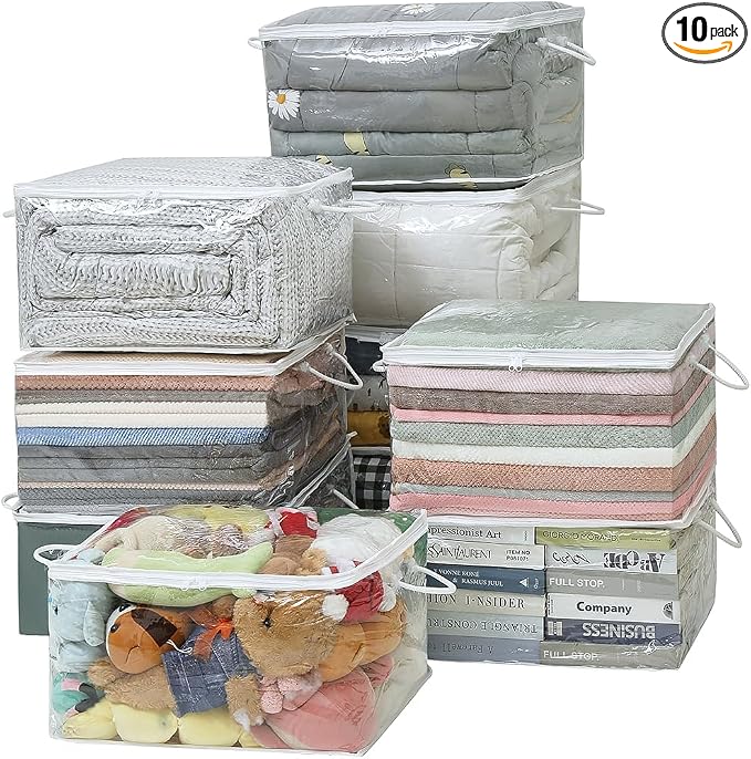 10 PCS Clear Zippered Storage Bags with Handle, Sweater Storage with Zipper, Foldable Closet Organizer Bed Sheet Organiz