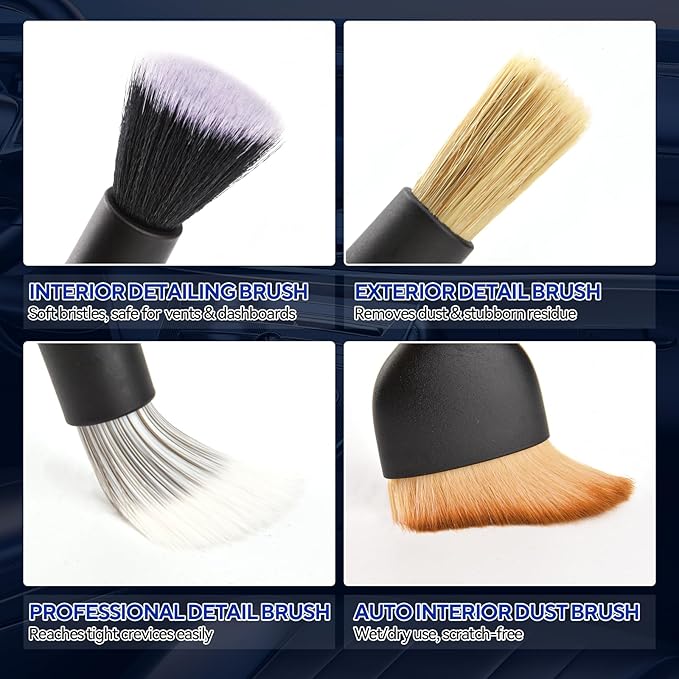 7PCS Car Detailing Brush Kit - Ultra Soft Boars Hair Car Interior Detailing Brushes, Includes 4 Different Brushes, Multi-use for Cleaning Interior or Exterior - Perfect Car Accessory Gift