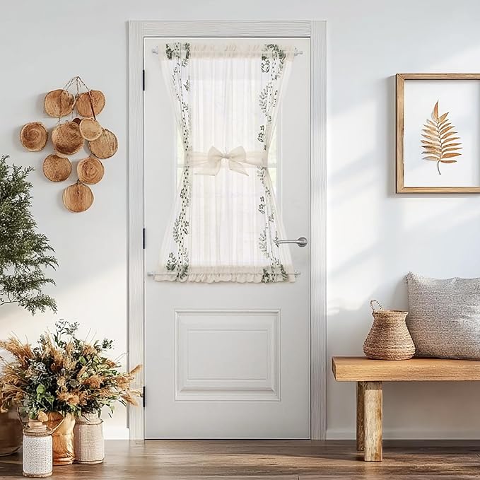 jinchan Belrose Sheer French Door Curtain Embroidered Decor Farmhouse Linen Curtain for Patio Light Filtering Door Window Closet 40 Inches 1 Panel Green on Beige