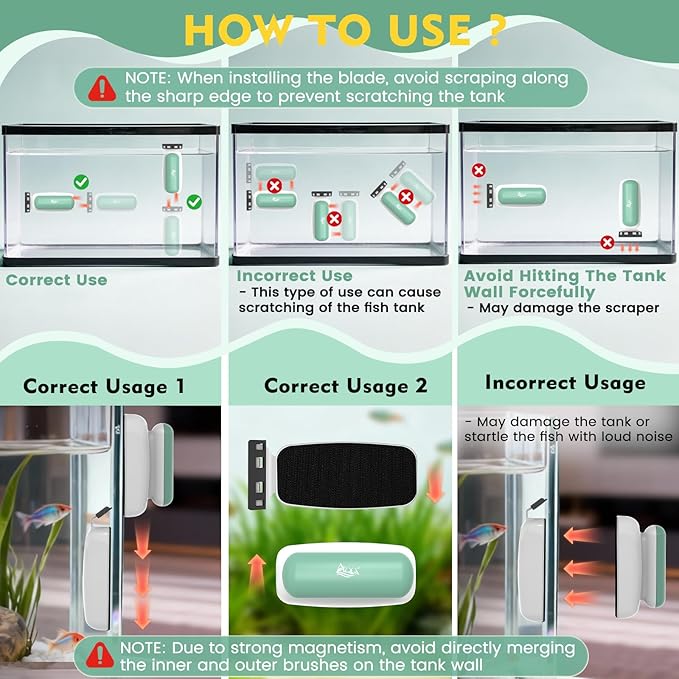 AQQA Aquarium Magnet Glass Cleaner - Enhanced Magnetic Fish Tank Cleaner with 2 Types of Blades, Self-Floating Aquarium Glass Scrubber Algae Scrapers for up 0.32" Thick Glass/Acrylic Aquariums (S)