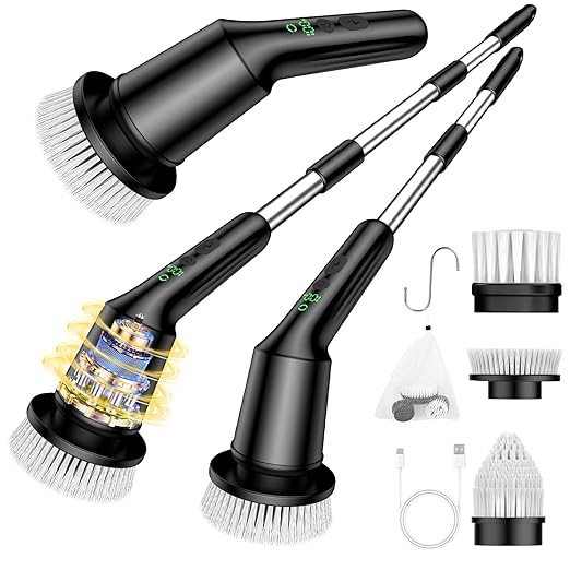 Electric Spin Scrubber for Cleaning Bathroom, Shower Scrubber Rotary Floor Brushes with IPX7 Waterproof & 2 Speed, 3 Brush Heads, Bathroom Cleaning Supplies for Toilet Shower Tub Black
