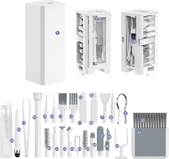 32-in-1 Multi-Functional Cleaning Kit for Electronics Including Headphones,Mobile Phones,Computer,Monitor,Lens and etc, Compact and Portable Design, White
