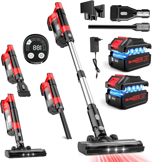 60kPa Cordless Vacuum Cleaner, 8000mAh Brushless Pet Vacuum, 6 in 1 Lightweight Stick Vacuum with 2L Dust Cup, 3 Suction