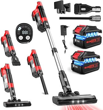 60kPa Cordless Vacuum Cleaner, 8000mAh Brushless Pet Vacuum, 6 in 1 Lightweight Stick Vacuum with 2L Dust Cup, 3 Suction
