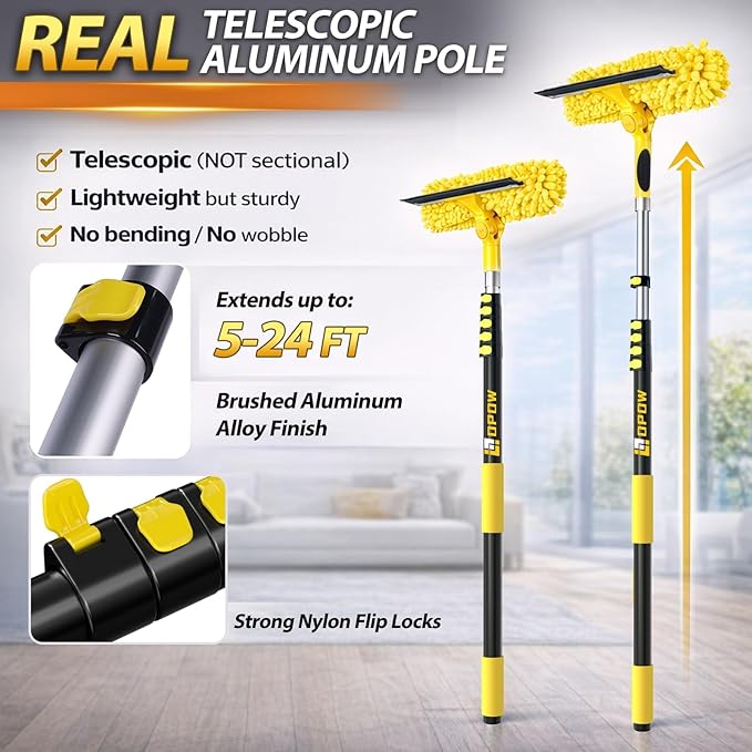 30FT High Reach Window Squeegee with Extension Pole, 2 in 1 Window Washing Kit with 6-Stage Telescopic Pole & Rotatable Head, No-Ladder Window Cleaner for High Window, Solar Panel, RV & Outdoor Glass