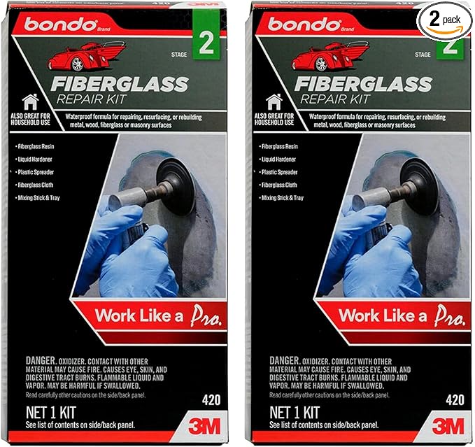 3M Bondo Fiberglass Resin Repair Kit, 00420, 0.45 Pint Each (Pack of 2) – All-in-One DIY Waterproof Multi-Surface Repair