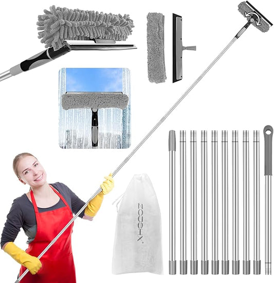 2-in-1 squeegee for window cleaning: 20+ Ft Long Reach cleaner tool with extension pole in home office commercial building Skylight Floor Ceiling Wall Dusting for Homeowner Car Enthusiast DIY Cleaners
