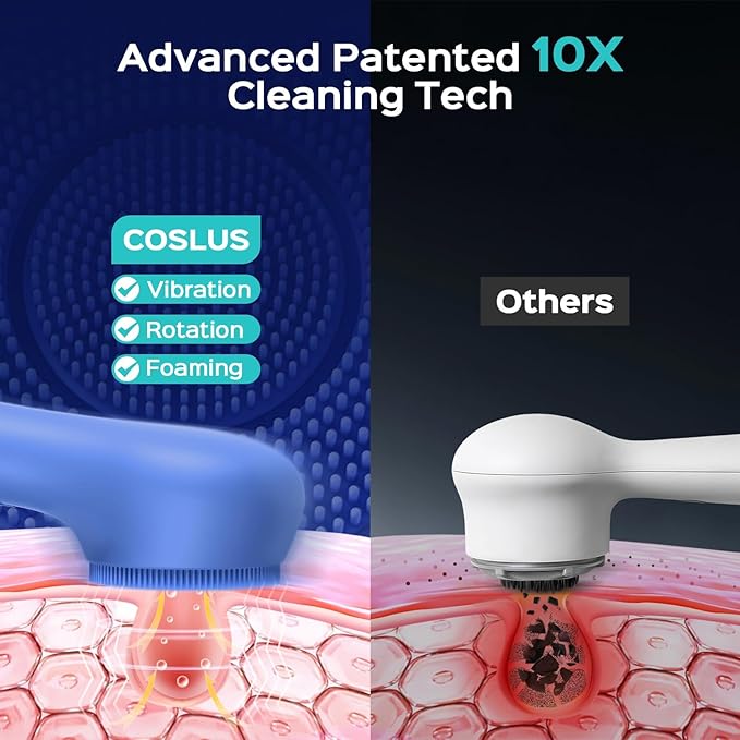 COSLUS FBS03 Face Scrubber Facial Cleansing Brush: 2 in 1 Spin and Vibration Patented, Silicone Electric Exfoliator Scrubber with Automatic Foaming, Waterproof Face Cleanser Brush for Men and Women
