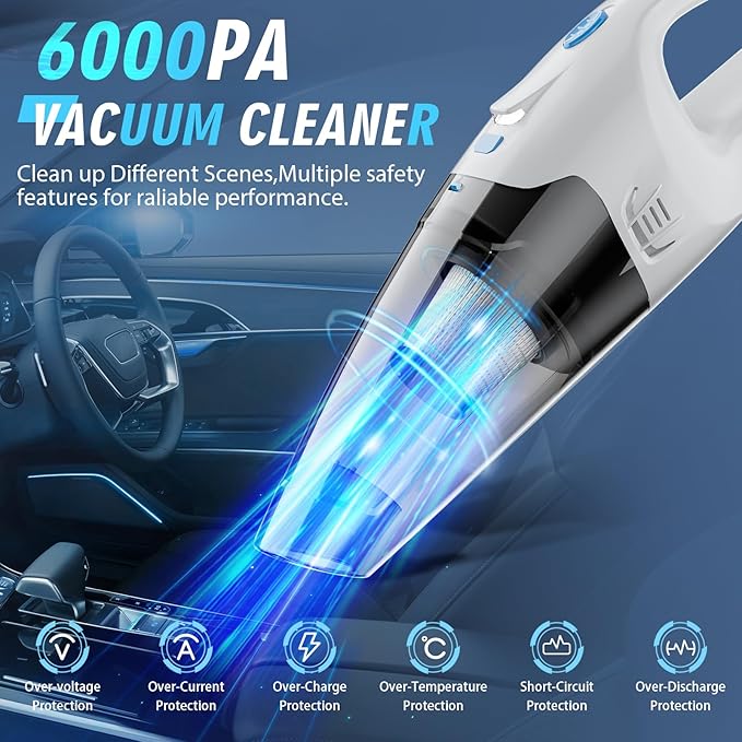FUOAYOC Handheld Vacuum Cordless, 6KPA Powerful Suction Hand Held Vacuum Cordless Rechargeable with LED Light/Multi Accessories, 1.6lbs Mini Lightweight Vacuum Cleaner for Home/Car/Office Cleaning