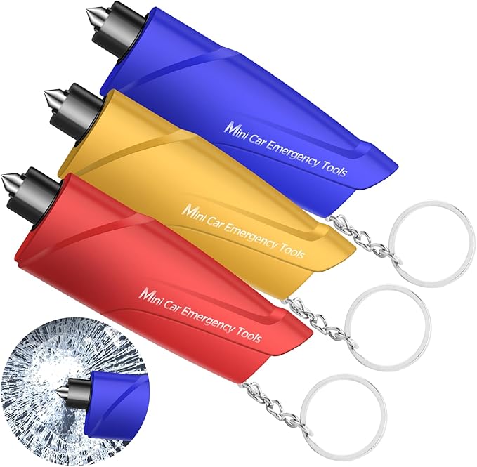 RAPUDA Window Breaker Seatbelt Cutter,3-in-1 Mini Glass Breaker, 3 Pack Car Escape Tool for Land and Underwater,Keychain Car Emergency Tool（Red/Yellow/Blue）