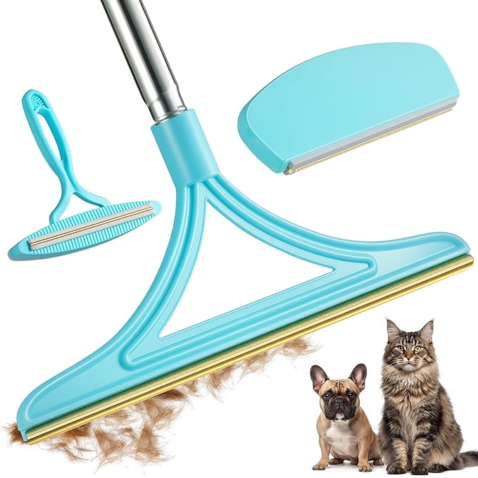 3 Pack Set Pet Hair Removal Tool – Reusable Carpet Rake Set with Long Handle, Dual-Sided Scraper & Detail Tool for Carpet, Furniture, Car & Embedded Dog & Cat Hair