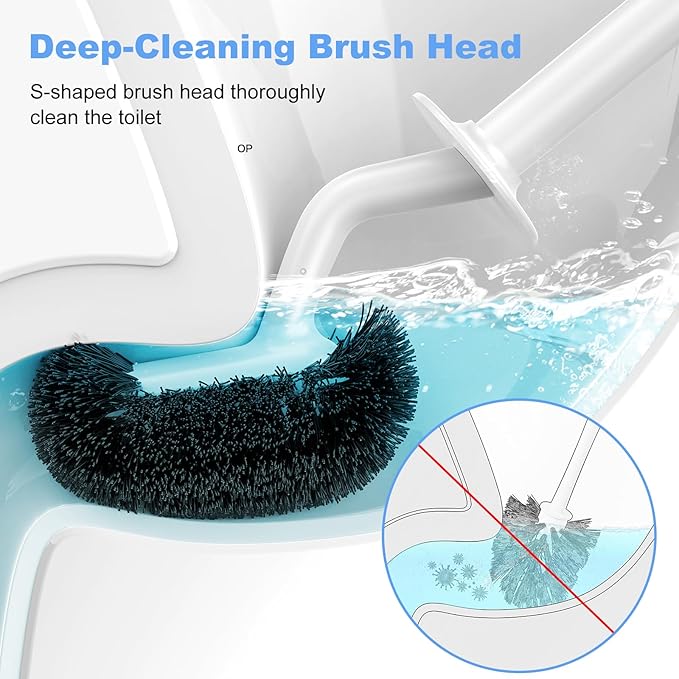 HAMITOR Toilet Bowl Brush Holder Set: Curved Design with Holder for Deep Cleaning Under Rim - Compact Hidden Scrubber for Small Space - Modern RV Bathroom Accessories - 2 Pack
