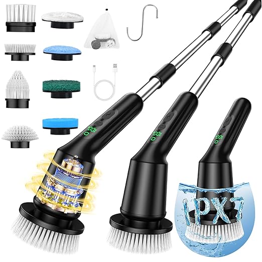 Shower Scrubber with Long Handle, Shower Cleaner Brush with 8 Brush Heads, Cordless Electric Spin Scrubber for Cleaning with 2 Speed, Cleaning Supplies for Bathroom Bathtub Kitchen Floor Tile Toilet