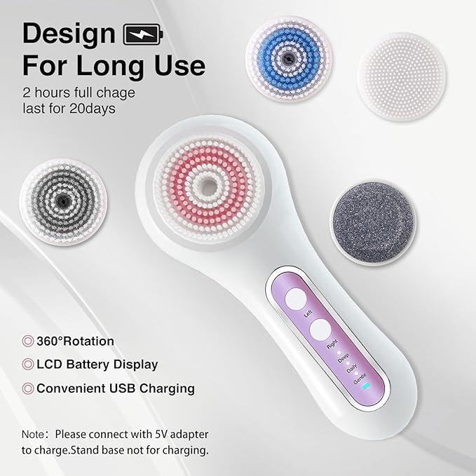 UMICKOO Electric Facial Cleansing Brush, 2-Way Rotating Face Scrubber with 3 Modes, Rechargeable, 5 Brush Heads, IPX7 Waterproof, Deep Pore Cleaning for All Skin Types