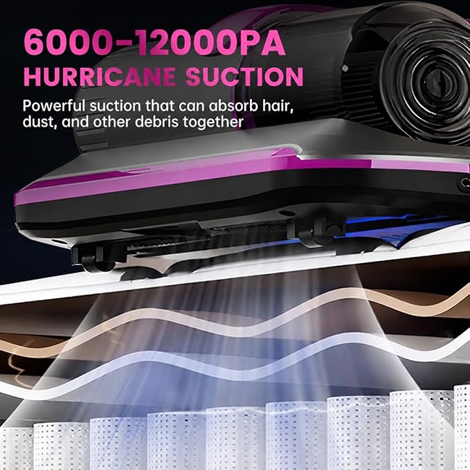 PATO Mattress Vacuum Cleaner, Wireless Handheld Bed Vacuum Cleaner with Cleaning Light, HEPA Filter and Ultrasonic Vibration, 12KPa, Suitable for Beds, Sofas, Car Seats, Carpets (Purple)