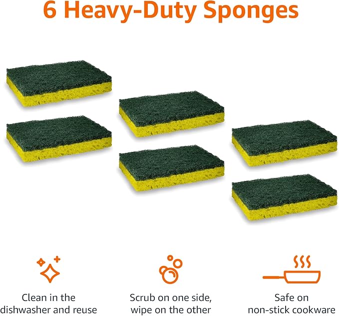 Amazon Basics Heavy Duty Scrub Sponges,Dual-Sided Design,Yellow/Green, 36 Count (6 Packs of 6), Packaging May Vary
