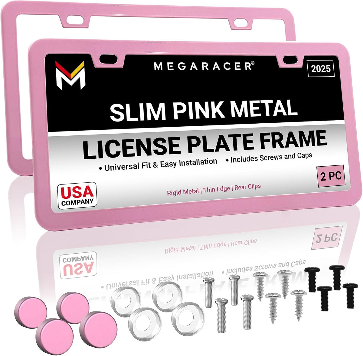 Premium Slim Princess Pink License Plate Frames, 2 Pack, Thin Edge, Metal