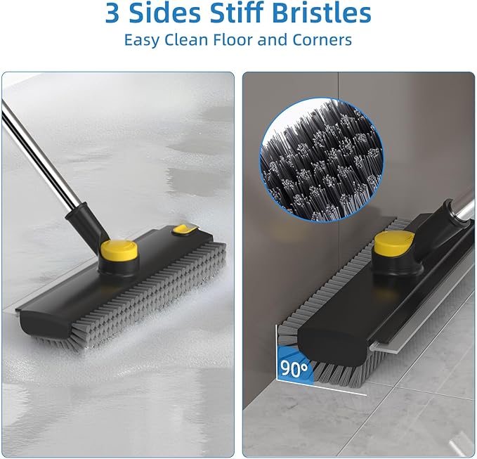 Scrub Brush with Long Handle, Floor Scrub Brush Squeegee Broom for Cleaning, 3 in 1 Shower Scrubber Floor Broom Squeegee for Concrete Tile Wall Deck Patio Special Black