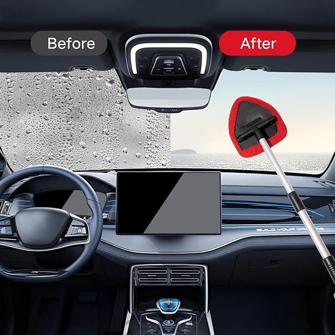 Qydipclin 10pcs Windshield Cleaning Tool Inside Car Window Cleaner Wash Kit with 4 Reusable Microfiber Pads 1 Spray Bottle and Extendable Handle Interior Auto Glass Wiper Kit, Red