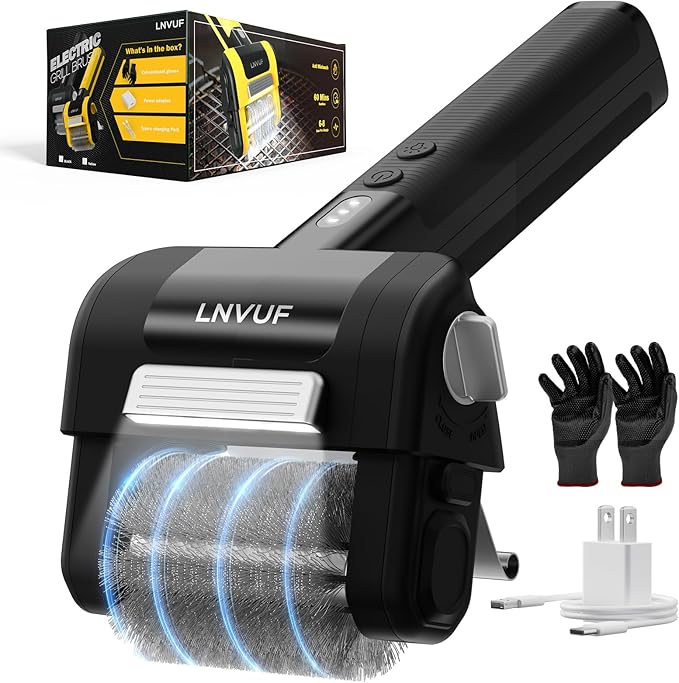 Electric Grill Brush, Grill Cleaner with LED Light, with 800 RPM Motor, 304 Removable Stainless Steel Brush Head, Cordless & Type-C Rechargeable for BBQ, Heavy Duty Grill Cleaning Tool (Black)