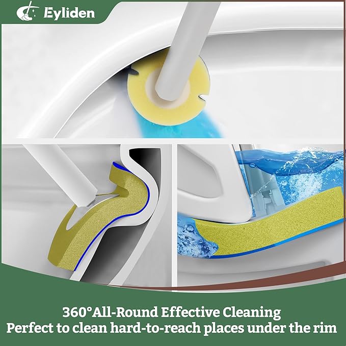 Eyliden Disposable Toilet Brush Kit with 40 Refills, Lightweight Toilet Bowl Wand, Hands-Free Scrubber with Auto-Open Caddy, Perfect for Bathrooms, RVs & Apartments, White