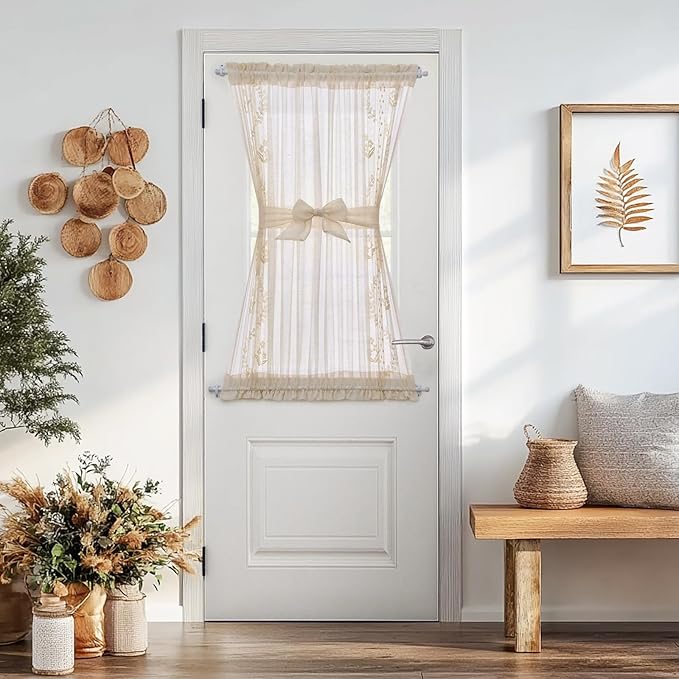 jinchan Belrose French Sheer Volie Door Curtain Embroidered Farmhouse Linen Curtain for Patio Door with Tie up Bows Light Filtering for Door Window Closet Rod Pocket 40 Inches 1 Panel Beige on Beige
