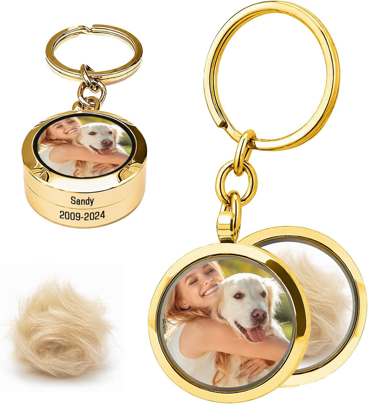 Personalized Locket Keychain Dog Hair Keychain Memorial Pet Fur Keepsake with Name Photo Custom Locket for Ashes Portrait Cremation Jewelry for Pet Loss of Dog Cat Sympathy Remembrance Gift