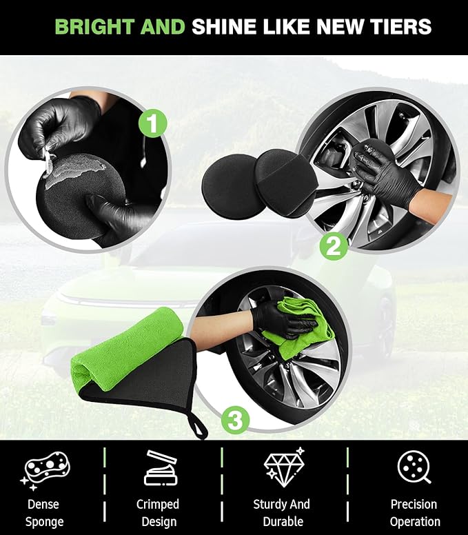 YeewayVeh 8PCS Ultimate Wheel and Tire Brush Kit | 2-Size 360° Bendable Rim Brushes, Boar Hair Detailing Brush, Tire Shine Applicators & Microfiber Towel | Complete Scratch-Free Cleaning & Shining Set