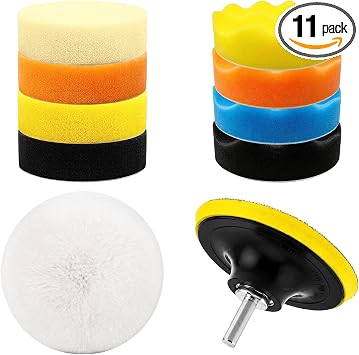 11 PCS Car Foam Polishing Pads Kit, 3 Inch Polisher Kit with Hook and Loop Backing Pads & M10 Drill Adapter, Sponge Pad 