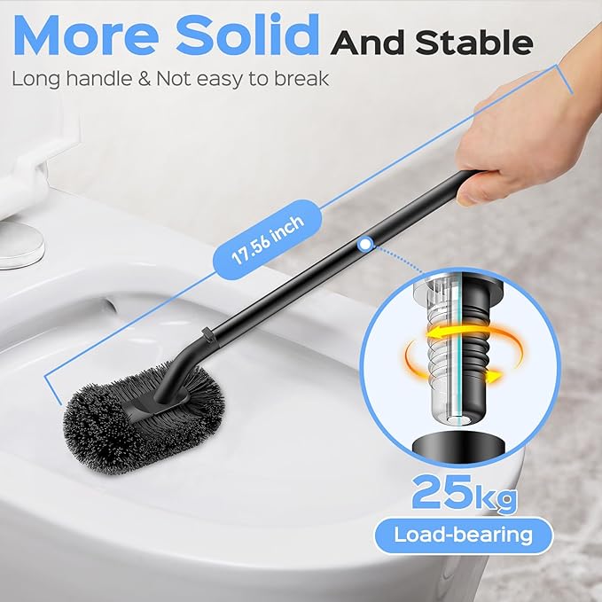 HAMITOR Toilet Plunger and Brush Set: 2 in 1 Stainless Steel Combo with Curved Bristles - Heavy Duty Toilet Unclogging for Family Bathroom - Compact Hideaway Apartment Cleaning Accessories - Black