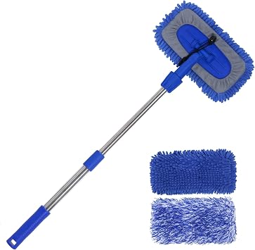 20-29 Inch Retractable Stainless Steel Car Wash Brush Mop Cleaning Tool with Two Replacement Microfiber Heads, Fits Seda