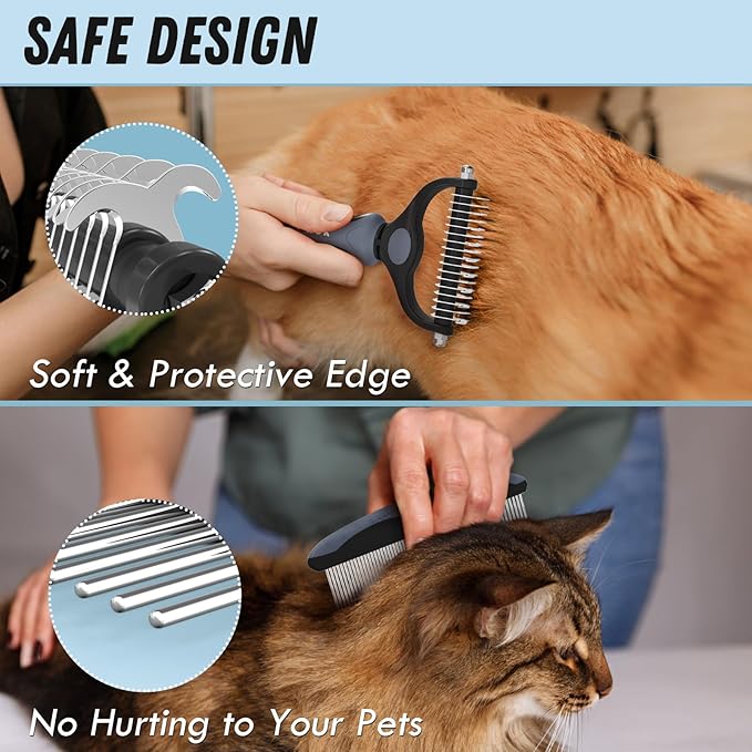 Docrok Pet Grooming Brush and Metal Comb Combo, Cat Brush Dog Brush for Shedding, Undercoat Rake for Dogs Grooming, Dematting Deshedding Brush Dogs Shedding Tool for Long matted Haired Pets, Gray