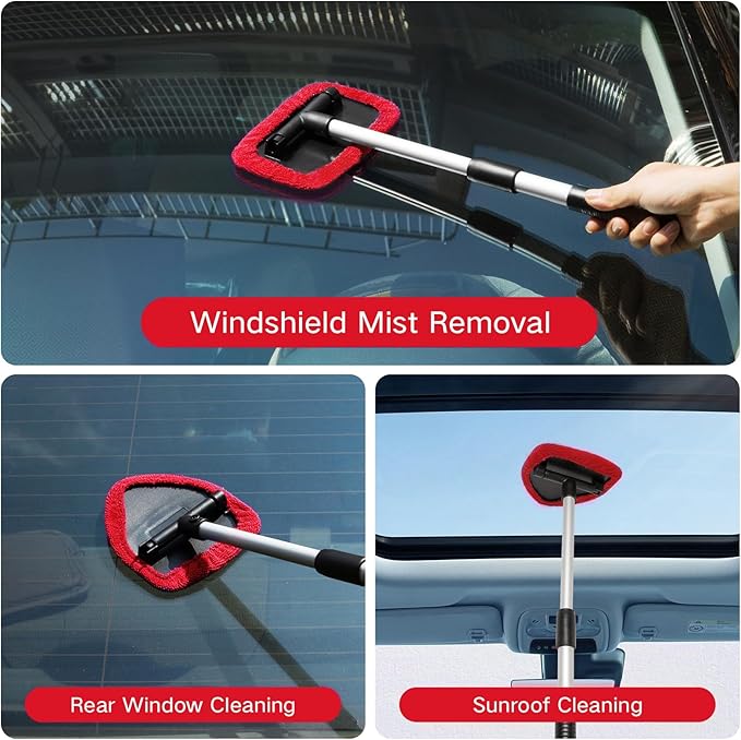 Qydipclin 10pcs Windshield Cleaning Tool Inside Car Window Cleaner Wash Kit with 4 Reusable Microfiber Pads 1 Spray Bottle and Extendable Handle Interior Auto Glass Wiper Kit, Red