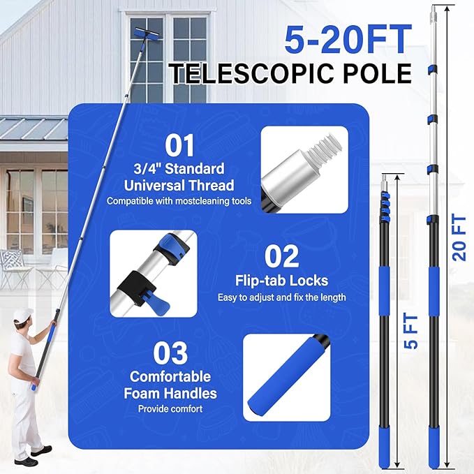 26FT High Window Washing Kit with Extension Pole, 2 in 1 Window Cleaning Squeegee Kit, Cobweb Duster with 5-20FT Telescoping Pole, High Reach Duster Kit for Outdoor, Indoor and Solar Panel Cleaning