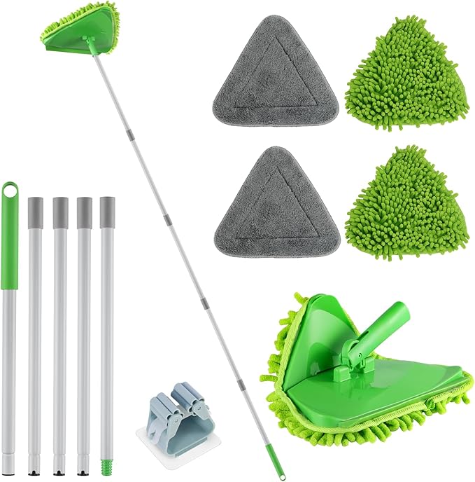 Wall Cleaner Triangle Mop with 82'' Long Handle - Wall Scrubber, Cleaning Washer Tool with 4 Microfiber Chenille Duster Pads for Clean Walls, Ceiling, Windows, Baseboards, Floors (Green, 4 Pads)