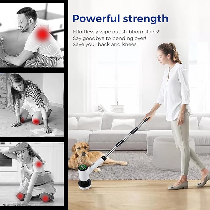 Electric Spin Scrubber, Cordless Power Cleaning Brush with 8 Replaceable Heads, 2 Adjustable Speeds, LED Display & Long Handle, Ideal for Bathroom Tub Tile Floor Car Cleaning
