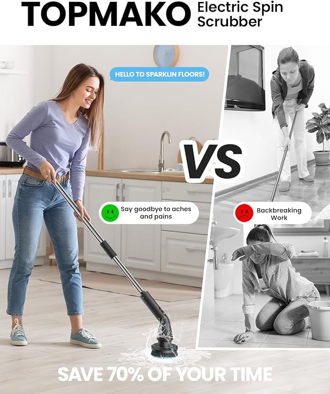 Electric Spin Scrubber, Upgraded IPX7 Cordless Cleaning Brush for Bathroom Shower, Household Cleaning Scrubber with 7 Brush Heads, Adjustable Long Handle and 2 Rotating Speeds for Tub Floor