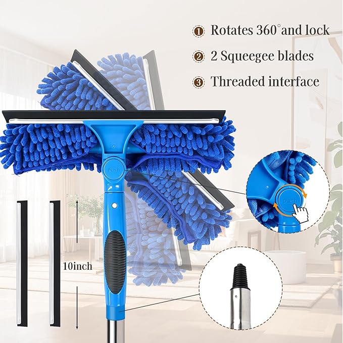 Professional 67" Window Squeegee, 3-in-1 Rotatable Squeegee for Window Cleaning with Extension Poles, Window Cleaner Tool Kit for Indoor & Outdoor High Windows and Car Glass