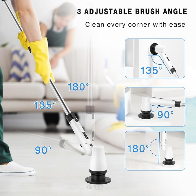 KEROMEE Electric Spin Scrubber Cordless Cleaning Brush with 7 Replaceable Brush Heads & Adjustable Extension Handle, 2 Speed Power Shower Scrubber for Bathroom, Tub, Tile, Floor (White)