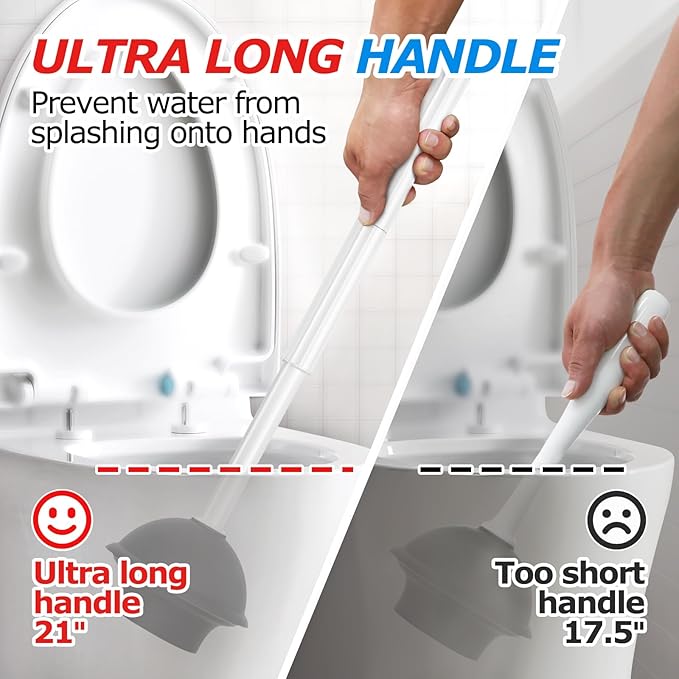 FORASTO 2Pack 2 in 1 Toilet Brush and Plunger Set, Extended Handle Plunger，Toilet Bowl Brush Plunger Set,Bathroom Cleaning Tools ，Toilet Brush Plunger Combo，Cleaning Brush，Cleaning Supplies(White)