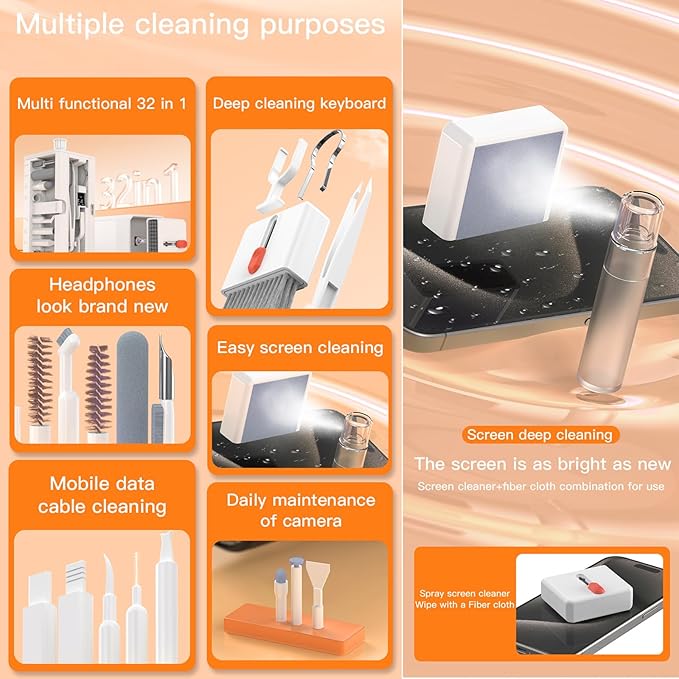 LOKEKE Multifunctional Cleaning Brush Kit, All-in-One Laptop Cleaning Tool, 32-in-1 Portable Electronics Cleaning Brush Tool Kits for Computer Tablet PC Camera Cellphone Earbuds