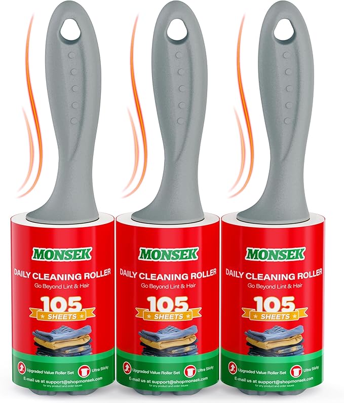MONSEK 4X Extra Sticky Lint Roller for Pet Hair, Lint Rollers 315 Sheets Mega Value Set, Pet Hair Remover with 3 Upgraded Handle 3 Rollers, Portable Lint Remover for Clothes, Furniture, Dog & Cat Hair