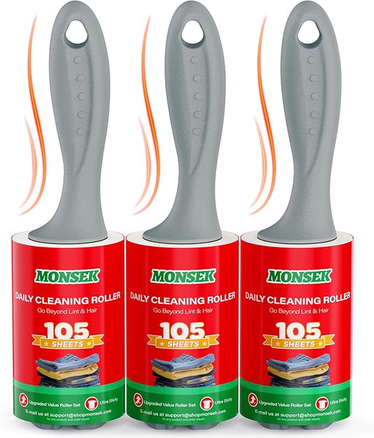 MONSEK 4X Extra Sticky Lint Roller for Pet Hair, Lint Rollers 315 Sheets Mega Value Set, Pet Hair Remover with 3 Upgraded Handle 3 Rollers, Portable Lint Remover for Clothes, Furniture, Dog & Cat Hair