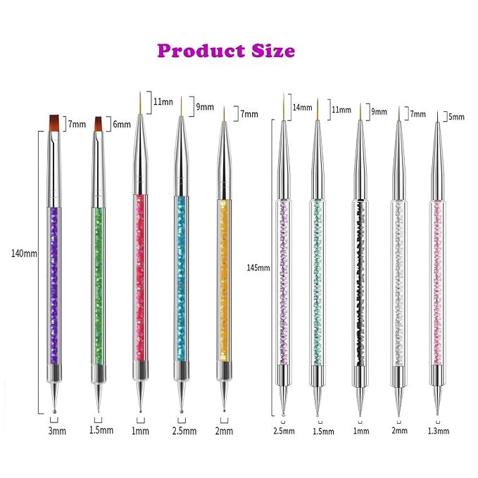 Magic Armor 10pcs Nail Art Brushes - Double Ended Liner & Dotting Tools Set, Shiny Handles, Easy To Use Drill Point Drawing Tools for Beginner DIY Design