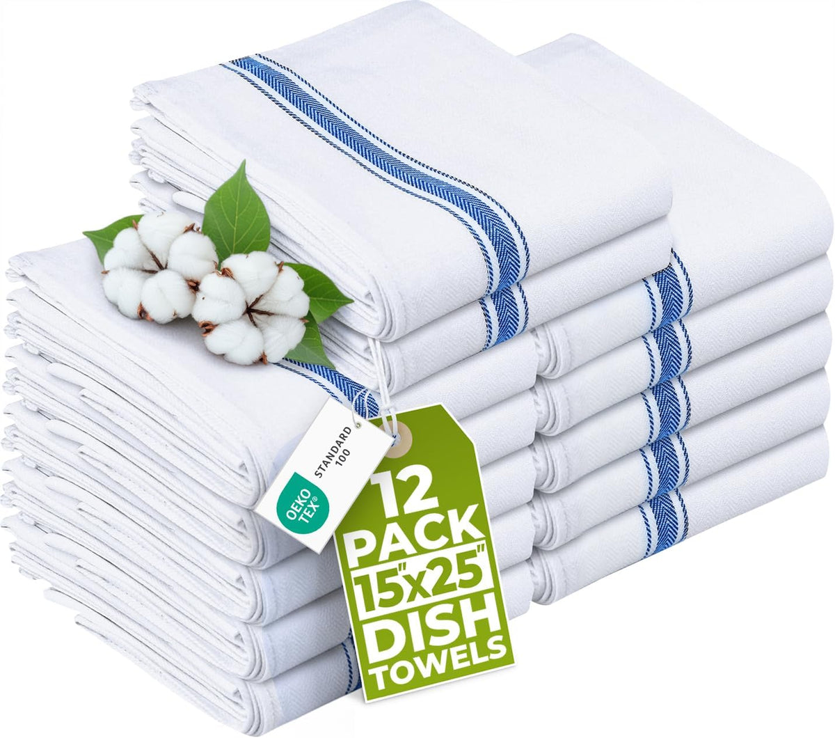 Blue Dish Towels [12 Pack - 15 x 25 in] 100% Ring Spun Cotton