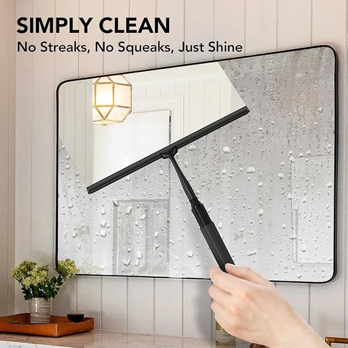 Shower Squeegee for Glass Doors, 15-51" Telescopic Shower Squeegee with Long Handle, Squeegee for Window Cleaning, Extendable Window Cleaner Tool for Tile Walls, Sliding Door, Floor, Car Windshield-BK