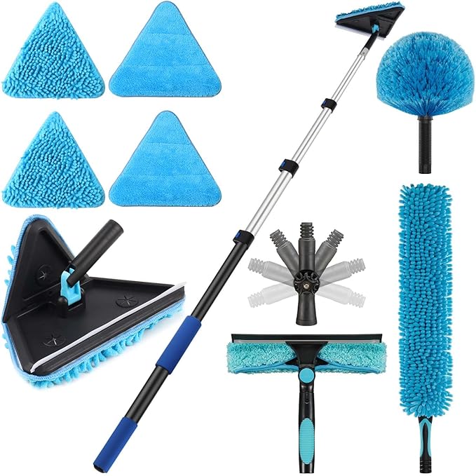 25 Foot Painted Wall Cleaner Mop with 18 Ft Heavy Duty Extension Pole, 3-in-1 High Ceiling Cleaning Tool with 4 Microfiber Chenille Pad, Cobweb Duster, Fan, Baseboard, Window Squeegee Kit (18ft)
